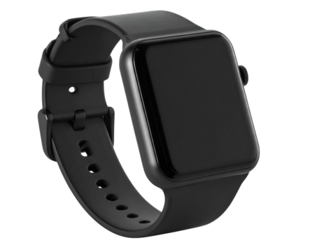 wrist smart watch mockup with black strap, png file of isolated cutout object with shadow on transparent background.