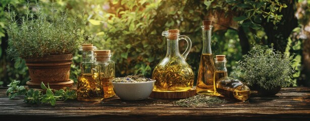 The Olive Oil Bottles and Fresh Garden Herbs on a Rustic Wooden Table