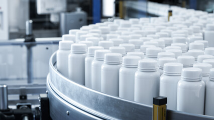 Medication Manufacturing Process at Pharmaceutical Drug Factory. White Plastic Medicine Bottles...