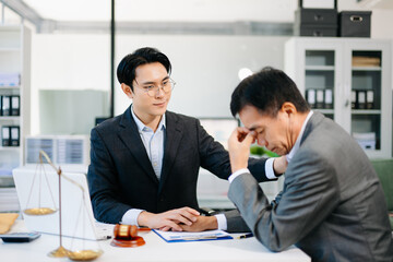 Lawyer comforting upset client during business meeting, symbolizing empathy, legal support, and emotional guidance