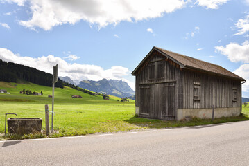 Alpine Mountain Landscape with Barn in Appenzellerland Region, Switzerland