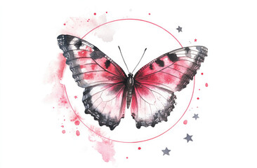 Watercolor illustration of a butterfly, circular emblem with stars around it, soft gray and pink tones, white background