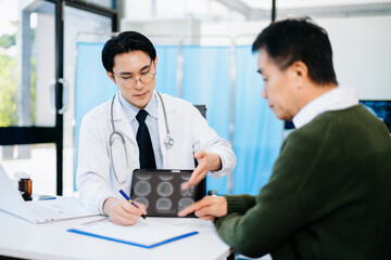 Doctor showing brain MRI results to patient during consultation in modern clinic. Perfect for healthcare, diagnosis, neurology, or medical treatment themes.