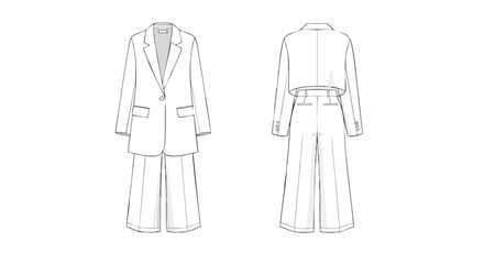 Technical fashion illustration showcasing a women's blazer and wide-leg pants design with front and back views portrayed with clean lines
