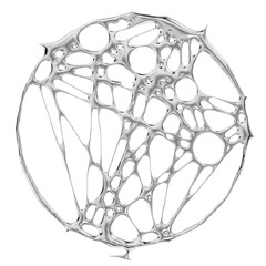 A 3D render of a chrome portal or circular frame. The liquid metal web structure suggests a futuristic, cosmic gateway or object.
