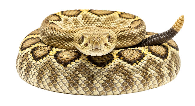 Eastern diamondback rattlesnake coiled up isolated on transparent background looking forward
