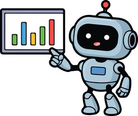 Cute cartoon robot presenting business statistics and growth charts on a screen