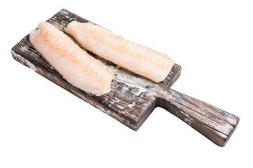Raw cod Loin, white fish fillets without skin on wooden board isolated on white background