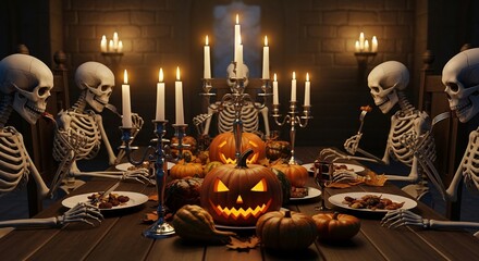 Halloween Skeletons Sitting Around Dinner Table with Jack-o-lanterns and Candles in Dark Room