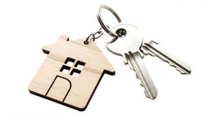 House key with wooden house shaped keychain isolated on transparent background