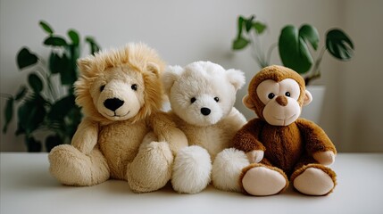 Three adorable stuffed animals sit together on a table in a bright room, showcasing their soft textures and cute expressions in the afternoon light