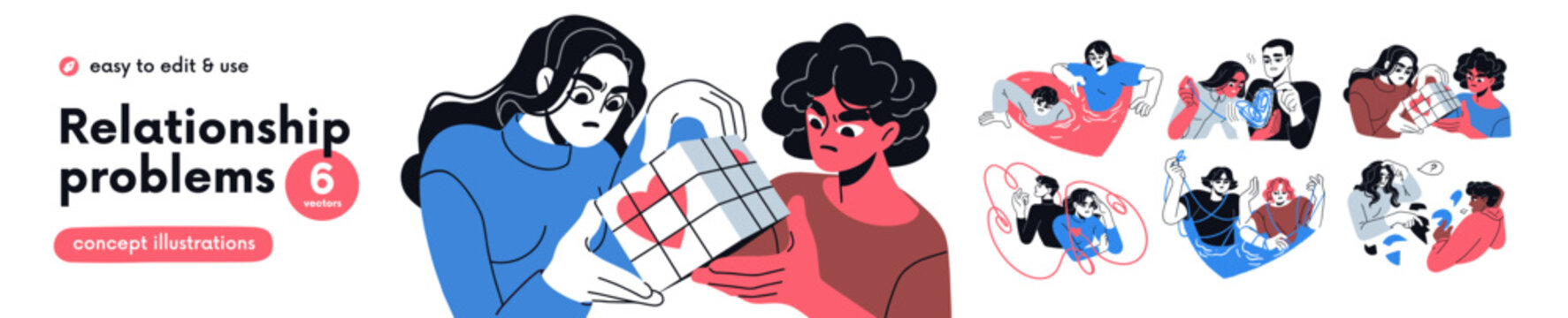 Love relationship problems, misunderstanding, psychology set. Unhappy confused couples in complicated crisis. Unhealthy toxic attachment concept. Flat vector illustration isolated on white background