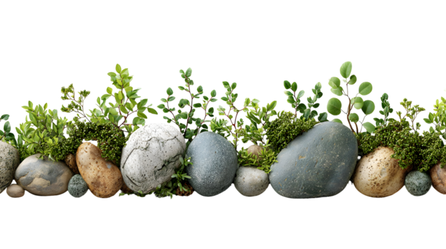Natural river stones and fresh greenery composition for garden design