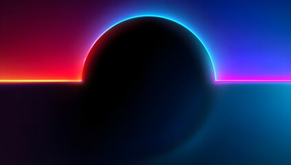 Abstract dark oval form illuminated by vibrant neon edge lighting in a futuristic digital landscape
