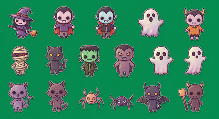 Obraz premium A delightful collection of adorable chibi-style Halloween characters, including witches, vampires, ghosts, and mummies, perfect for festive seasonal designs.