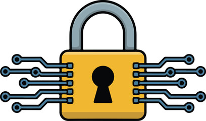 Digital security concept represented by a yellow padlock with circuitry illustration