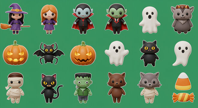 A delightful collection of charming Halloween characters and spooky elements perfect for festive holiday designs and seasonal celebrations. - Powered by Adobe