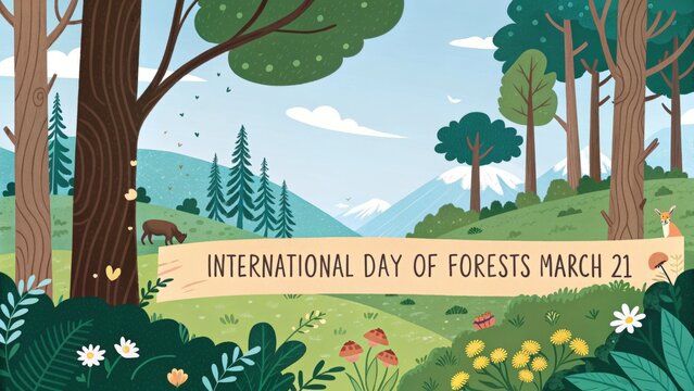A colorful landscape illustration of trees and mountains on International Day of Forests