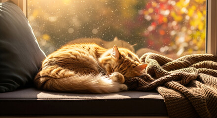 Cozy Cat Nap: A serene orange tabby cat enjoys a peaceful nap on a sunlit windowsill, snuggled on a soft blanket, embracing tranquility
