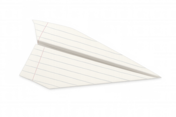 Paper airplane crafted from lined school notebook page flying, symbolizing childhood, freedom, education, and creativity on transparent background