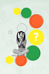 Vertical pop creative collage of happy businesswoman businessman stand ball sphere development statistics question mark plan