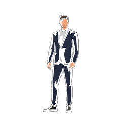 Flat design illustration of a businessman in a suit standing, front view. Can represent model, manager, office worker, professional.