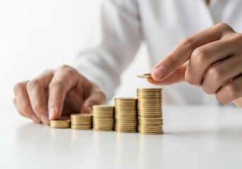 Businessman stacking gold coins in ascending order symbolizing financial growth, investment and savings strategy
