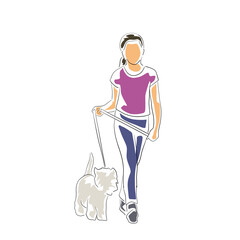 Flat vector style illustration of a young girl walking a small dog on a leash, front view.
