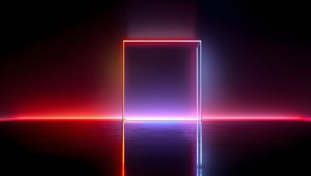 Abstract rectangular portal illuminated by vibrant neon lights creating an otherworldly atmosphere with reflections on a dark surface - Powered by Adobe