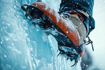 Close view of boots outfitted with crampons scaling vertical ice in winter