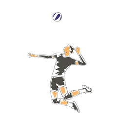 Volleyball. Flat design illustration of a male volleyball player in black or grey uniform jumping to spike or serve the ball.
