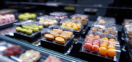 The Macarons Display in Plastic Boxes on a Bright Gourmet Bakery Counter