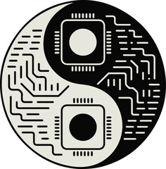 Electronic circuitry and digital technology elements conceptualized within yin yang symbol