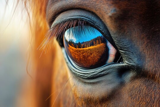 Horse eye reflecting a vibrant landscape with trees and an open field at sunset - Powered by Adobe