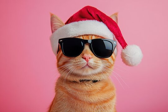 Orange tabby cat wears Santa hat and sunglasses for a festive holiday look - Powered by Adobe