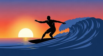 Surfer riding a wave at sunset, silhouetted against the sun.
