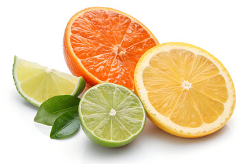 Citrus Fruit Mix &ndash; Orange, Lemon, Lime Slices with Leaves on White Background
