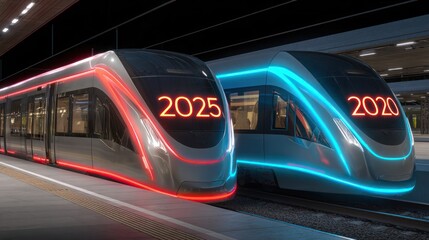 Futuristic High-speed Trains with Digital Year Displays in Modern Transit Station