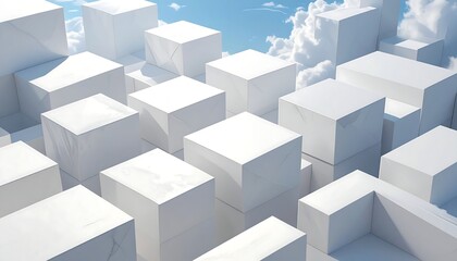 Fototapeta premium Abstract 3D landscape with white cube structures against a blue sky