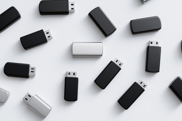 Modern black USB drives arranged creatively on a simple background for advertising concepts