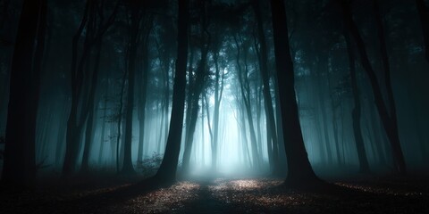 A dark, eerie forest with tall, twisted trees and a mysterious, ethereal light in the distance, creating a sense of foreboding and mystery.