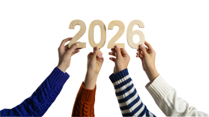 Hands holding wooden numbers forming 2026 on white background representing new year and future concept
