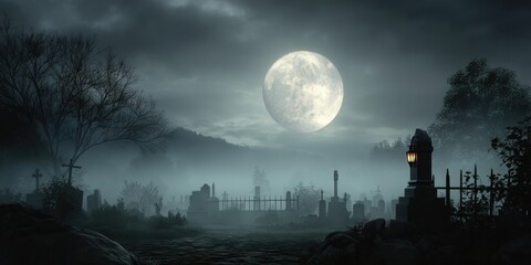 A full moon rises over a misty cemetery with a solitary tombstone and a lantern, casting a eerie glow over the scene. The cemetery is surrounded by trees and mountains, creating a sense of mystery 