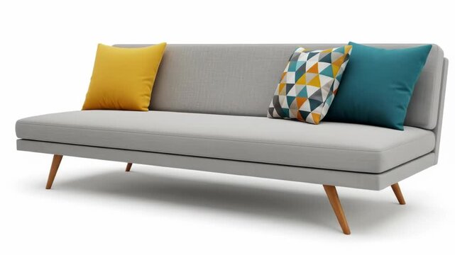 A minimalist, grey sofa with wooden legs, three colorful pillows atop. A solid yellow, teal, and geometric patterned pillow. Clean white background