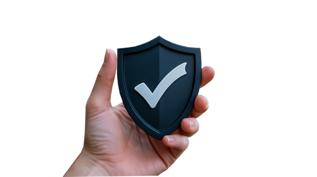 Hand holding black security shield with white check mark symbol representing protection and safety concept
