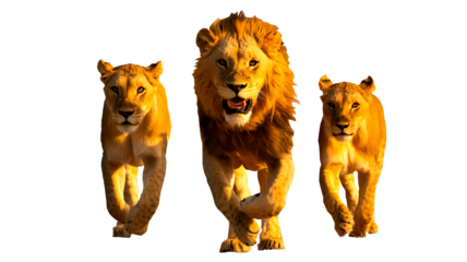 Three lions running forward on white background
