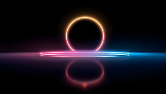 Illuminated abstract oval ring and circular platform glowing with vibrant neon light reflections on dark reflective surface - Powered by Adobe