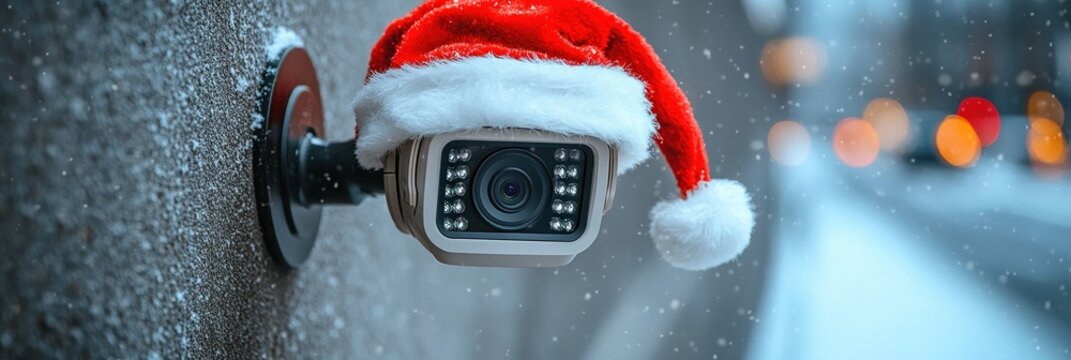 Security camera decorated for the holiday season in a snowy urban environment