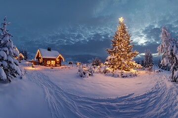 Fototapeta premium Snowy Christmas scene with a lit tree and cozy cabin in a winter wonderland