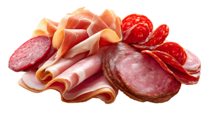 Assorted sliced deli meats including prosciutto and salami for gourmet platters